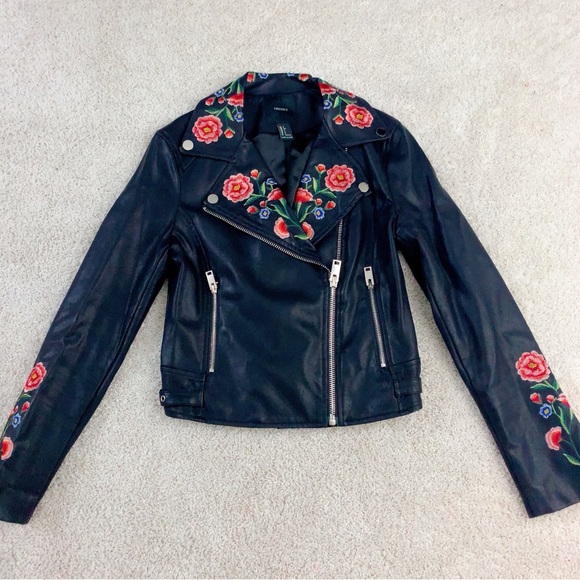 Floral Embroidered Black Faux Leather Biker Jacket - Picture 2 of 10